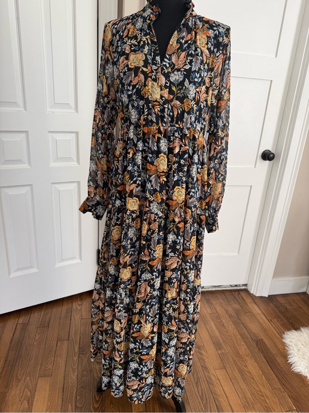 Lucky Brand Black Maxi Dress with Yellow & Orange Floral Print